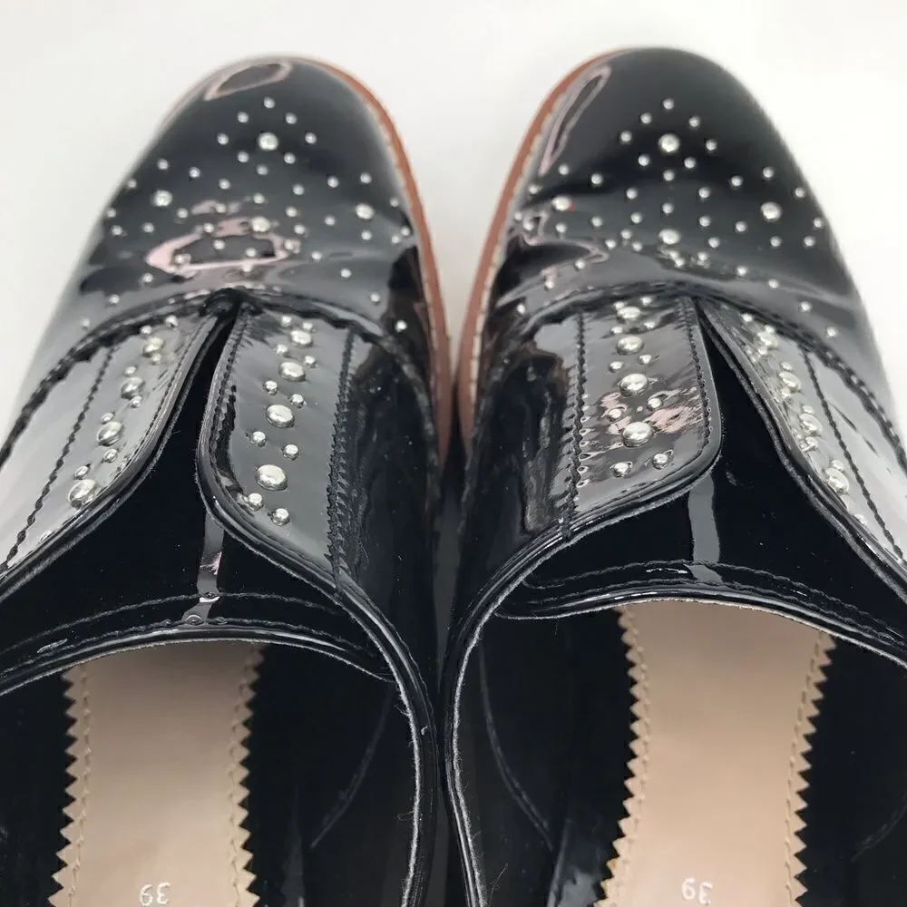 Zara Woman Black Patent Leather Silver Studded Platform Oxford Sneakers